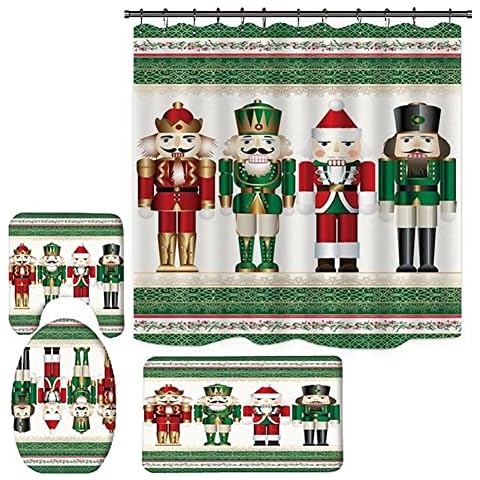 Christmas Nutcracker Shower Curtains Set,4 Pcs Xmas Nutcracker Soldier Bathroom Set with Non-Slip Rug,Toilet Lid Cover,Bath Mat with 12 Hooks,Christmas Bathroom Decoration Cover