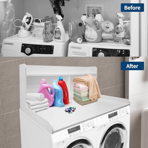 GarveeHome 2-Tier Washer Dryer Countertop, Wood Laundry Countertop with 2.75" H Edge Rails, Waterproof Washer Dryer Cover with Anti-Slip Pads for Laundry Room Organization and Storage