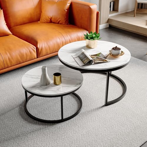 Holtrae Juego de 2 mesas de centro modernas, sencillas, redondas, 80 x 80 x 45 cm y 60 x 60 x 33 cm, mesas redondas para el salón, dormitorio y oficina (negro)