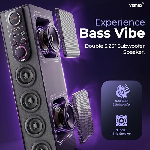 Image of VEmax Mauve 6.1 Channel Bluetooth Double Woofer 110W Tower Speaker with Karoake MIC Support, USB, FM (BIS Certified)