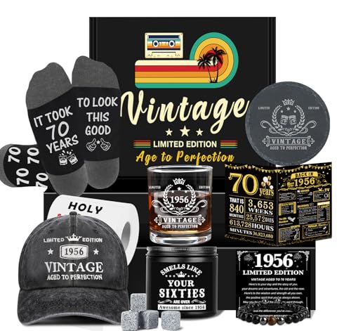 70th Birthday Gifts for Men Cool 70th Birthday Decorations for Men 70 Year Old Gifts for Man Who Have Everything 1956 70th Birthday Gift Baskets for Man Whiskey Glass Baseball Cap Socks Stones