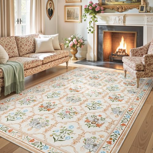Image of LIVEBOX Pink 5x7 Washable Rug for Living Room, Vintage Floral Area Rug for Bedroom, Soft Non-Slip Rugs with Butterfly and Bee Pattern, Low-Pile Throw Carpet for Dining Room, Nursery Playroom Girls