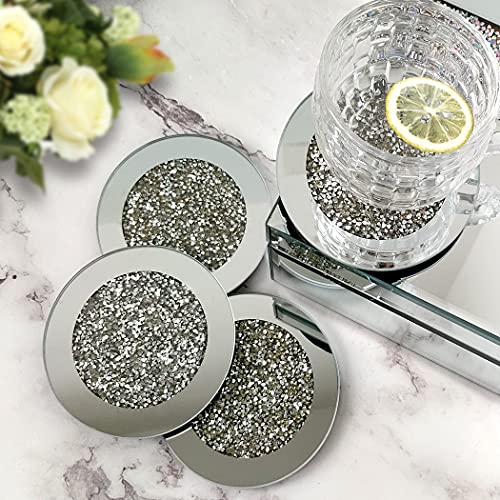 GIMORRTO Glass Mirrored Coaster 4 PC, Crushed Diamond Round 4" Cup Mat Decor on Tabletop for Bar Tools Dining Table - Image 5