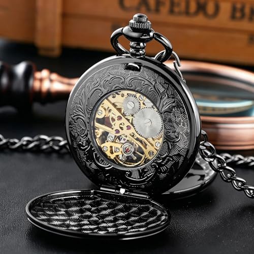 Image of Vintage Gold Double Sides Open Case Mechanical Men's Pocket Watch,Double Face Roman Dial Clock Hand Wind Pocket Watch for Men with FOB Chain