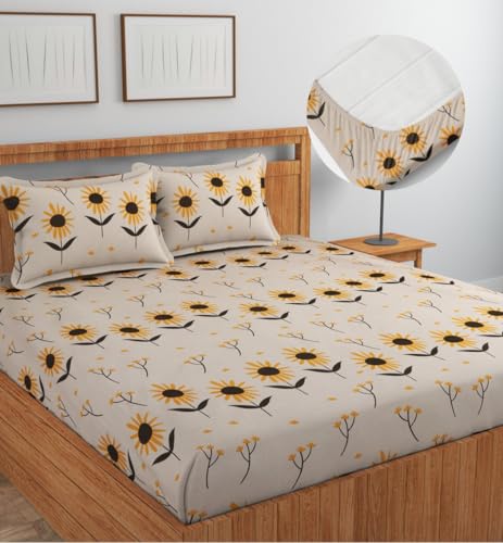 Image of NEW LEAF Cotton Fitted King Bedsheets with 2 Pillow Covers | Elastic Fitted | Wrinklefree | Ultrasoft |Winter Bedsheet 200 to 220 tc Floral | 78x72+8 Inches, Floral Sunflower | Skin