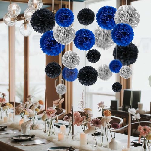 Navy Blue,Silver,Black Tissue Paper Pom Poms Flower Set-27PCS Ideal for Birthday,Bridal Showers,Wedding,Baby Shower Party Decorations (12",10",8",6) Navy Blue,Silver,Black Tissue Paper Pom Poms Flower Set-27PCS Ideal for Birthday,Bridal Showers,Wedding,Baby Shower Party Decorations (12",10",8",6)