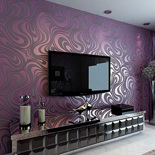 Modern Abstract 3D Curve Non-Woven Flocking Striped for Wallpaper Roll 0.7m(2.29' W) x 8.4m(27.56' L)=5.88㎡(63.11 sq.ft) (Purple&Gray)