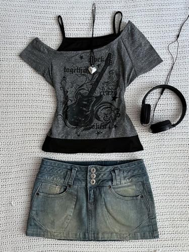 Emo Grunge Shirts Women Graphic Baby Tees Fake Two Piece Short Sleeve Vintage Y2k Crop Top Goth Alt Clothes, Grey Black, S