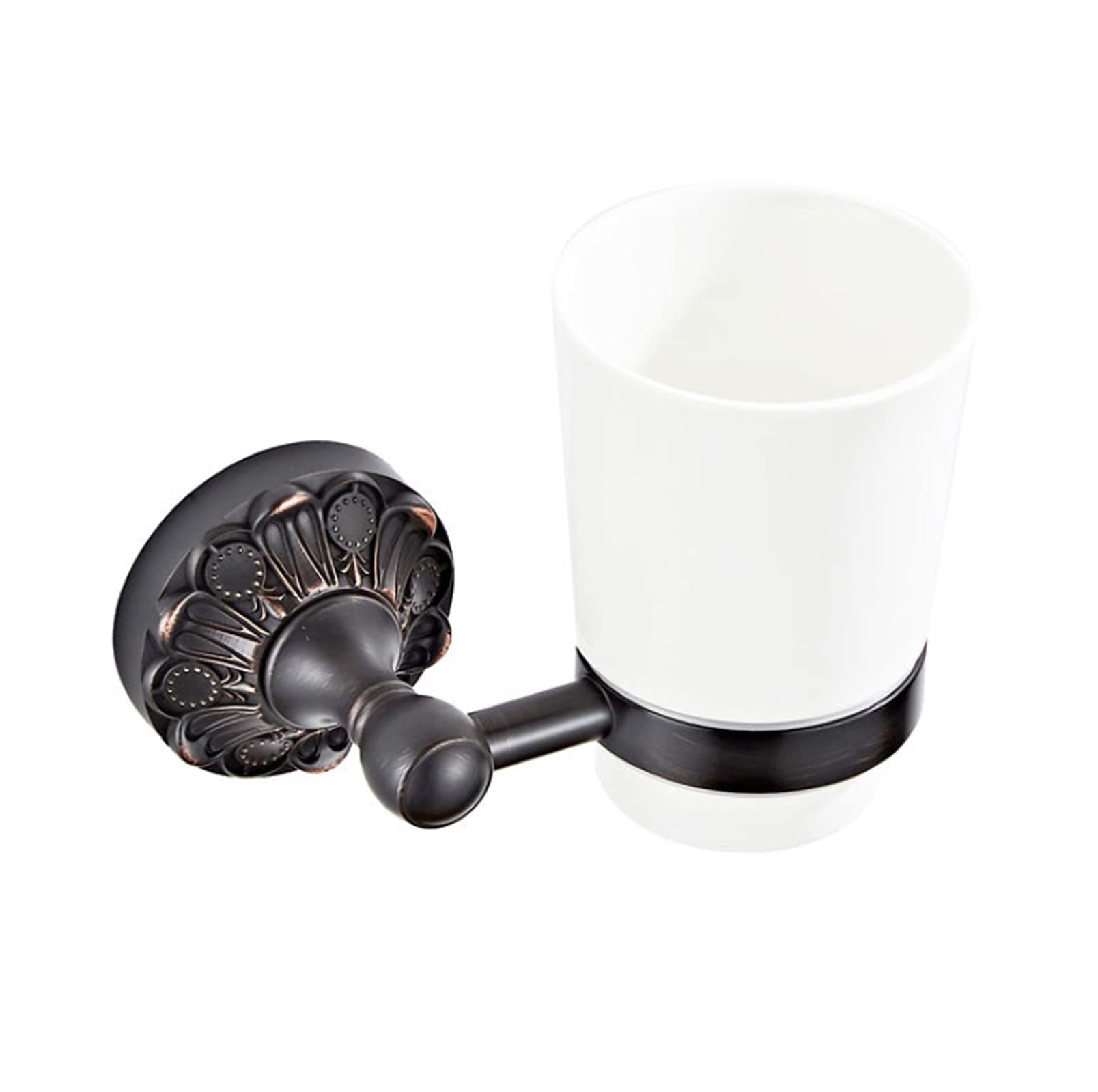 Taza de cerámica Portavasos para cepillos de dientes, Portacepillos de dientes individual Patrón tallado Ideal para accesorios de baño Montaje en pared de bronce antiguo negro Hecho de latón Juego de
