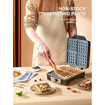 Reemix Waffeleisen für 4 belgische Waffeln, 1200 W Waffel Elektrisch mit Antihaftbeschichtete Platten, Einstellbare Temperatur und Leichte Reinigung, Edelstahl – Bild 3