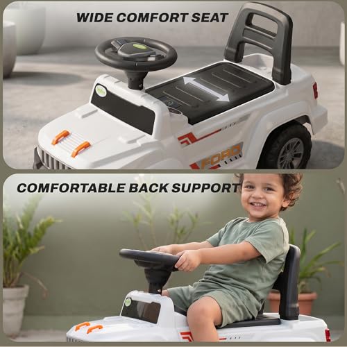 Image of Baybee Speedy Baby Ride on Car for Kids | Portable Kids Car with LED Lights, Music & Storage Basket | Push Toy Cars with High Backrest | Toddler Rideons Jeep for 1 to 3 Years Boys Girls (White)