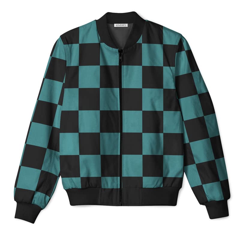 Image of Koverify Demon slayer Anime Tanjiro Kimono Bomber Black Green Jacket /Tanjiro Kimono Bomber Jacket for men women /Unisex Anime all over printed jacket