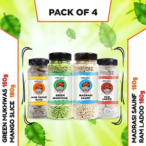 Image of HARIBAS Green Mukhwas 180gm, Madrasi Mukhwas 180gm, Ram Ladoo 180gm and Mango slice 180gm (Pack of 4) | Premium and Sweet Mouth Freshener, Tasty After Meal Digestive