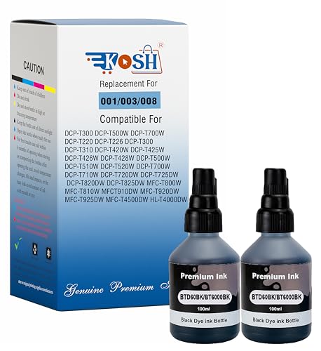 Image of KOSH BTD60 BT5000 Refill Ink Compatible for Brother DCP-T300 T310W T500W T520W T220 T700W T420W T425W T426W T428W T720DW T725DW T820DW T810W T910DW T920DW Printers (2, Black Pack of 2)