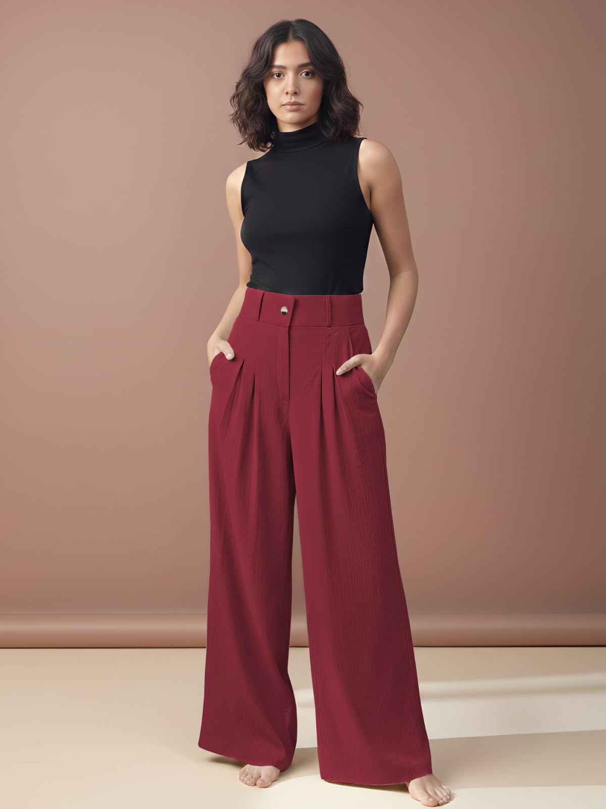 GRECIILOOKS Pantalones de cintura alta para mujer | Pantalones de pierna ancha | Ropa de oficina Pantalones plisados coreanos para mujer | Pantalones formales elegantes