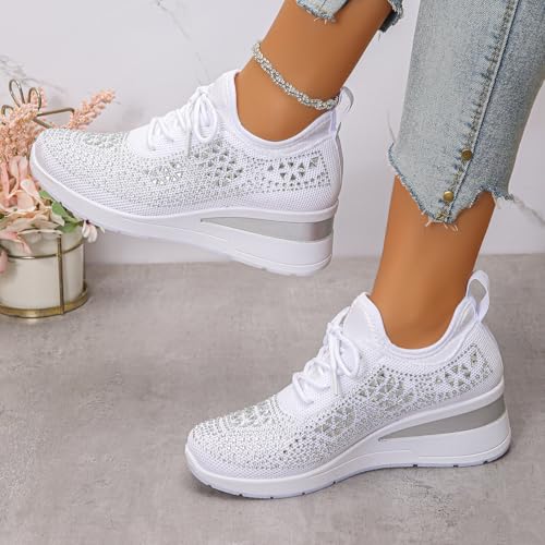 Women's Glittery Rhinestone Fashion Breathable Wedge Sneakers, Orthopaedic Mesh Platform Sneakers Sparkly Bling Wedding Dressy Tennis Shoes for Bride3