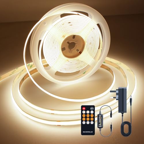 TTWAY Ruban LED COB 5M, 3000K Bande LED Dimmable 24V, CRI93+, Largeur 8mm, avec Télécommande et Alimentation, pour Décoration Intérieure, Cuisine, Miroir