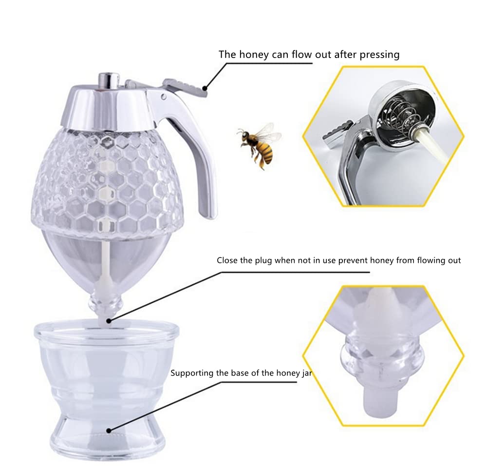 Acryl Honigspender Mit Untersatz & 4 Edelstahl-Löffeln - Saubere Honig-Dosierung