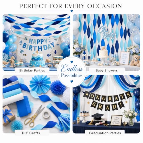 Image of 8 Blue and White Streamers, 656ft Pack of Crepe Paper Party Decorations