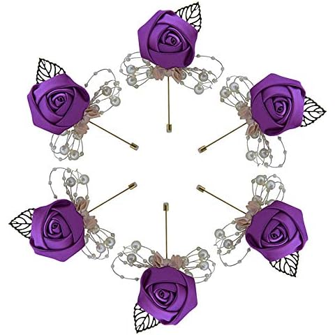 6 Pieces/lot Wedding Boutonniere Handmade Rose Boutonniere Corsage with Pin, Lapel Pin Rose Wedding Boutonniere for Wedding Prom Party Decor (Purple) Cover