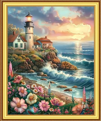 Image of Foxnyart Stamped Cross Stitch Kits Full Range of Embroidery Needlework Starter Kits for Beginners Adults 11CT Embroidery Patterns Art Crafts DIY Needlepoint Kit-Seaside Lighthouse 16x20 inchs