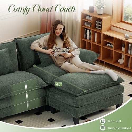 Image of 106 inch Cloud Couch, Comfy Modular Sectional Sofa with Movable Ottoman, L Shaped Modern Sofa with Pillows, Deep Seat Couches for Living Room, Bedroom and Apartment, Green