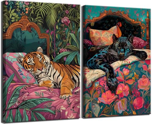 2pcs Funny Tiger Exotic Jungle Canvas Wall Art Black Panther Sleeping In Painting Picture Wall Decor Eclectic Tiger Sleeping In Bedroom Poster Print Artwork for Bedroom Home Decoration