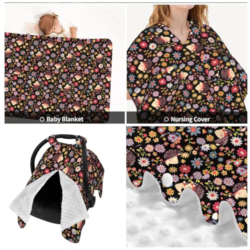 Image of Flowers and Cute Hedgehogs Baby Car Seat Canopy Nursing Cover for Newborn Car Seat Breastfeeding Covers Blanket Newborn Shower Gift
