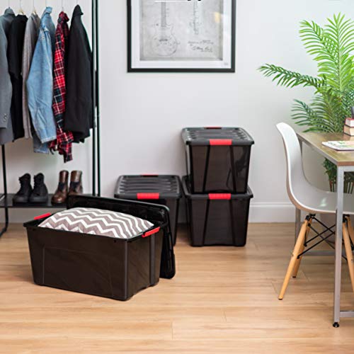 Image of IRIS USA 72 QT Plastic Storage Box with Lid and Latches - 4 Pack - BPA-Free, Garage Organizing Solution, Durable Nestable Stackable Containers, Secure Pull Handle - Black