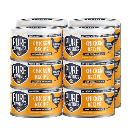 Pure Cravings Chicken Recipe in Broth, Shredded Wet Cat Food, Grain-Free Protein, Non-GMO, 12 Pack