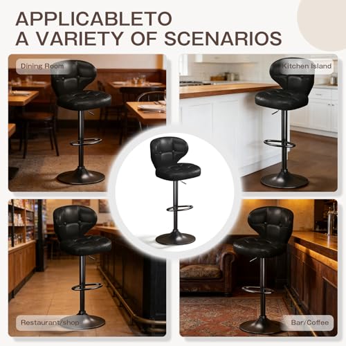 Image of Modern Bar Stools Set of 2, Adjustable Swivel Upholstered Full-Back Counter Height Bar Chairs for Kitchen Island, Dining Room, Bar Black