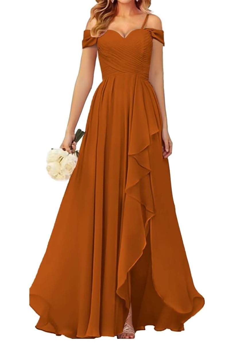 Wseyu Women's Burnt Orange Off Shoulder Bridesmaid Dresses With Slit Spaghetti Straps Chiffon Formal Party Evening Gown Uk16