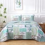 Heymybed Coastal Quilt Set Queen Size, Beach Coverlet Sage Green Starfish Coral Seashell Bedspread, Ocean Beach Themed Bed Cover, Microfiber Soft Lightweight Bedding Sets for All Seasons (96'×90')