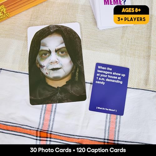 Image of What Do You Meme? Halloween Family Edition by Relatable, A Halloween Activity Travel Pack, Party Game, Includes 30 Photo Cards and 120 Caption Cards, for Kids 8-12