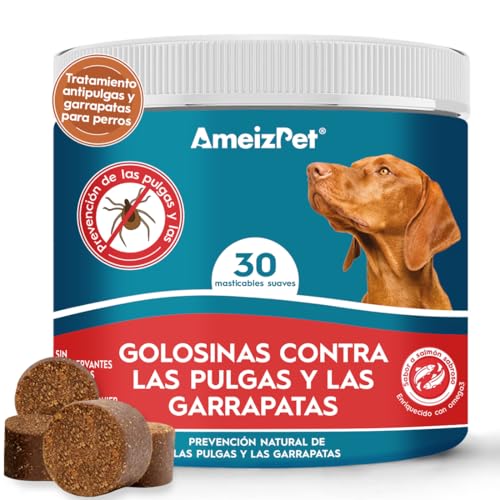 AmeizPet Pastillas Pulgas Y Garrapatas Perros, Antipulci per Cani, Pastillas para Perro Pulgas Y Garrapatas para Cachorros Y Perros Adultos, Enzimas Digestivas, 30 Chuches Caninas, 67.5g (2.3 Oz)