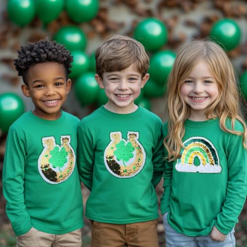 St Patrick's Day Shirt for Boy Girl Lucky Clover Shamrock Flip Sequin T-Shirt Long Sleeve Rainbow Tops2