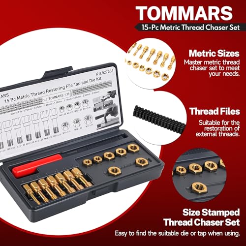 Image of TOMMARS 15-Piece Metric Thread Chaser Set, M6 M8 M10 and M12 | Thread Restorer Tool and Rethreading Repair Kit for Cleaning, Restoring and Repairing Damaged Metric Threads