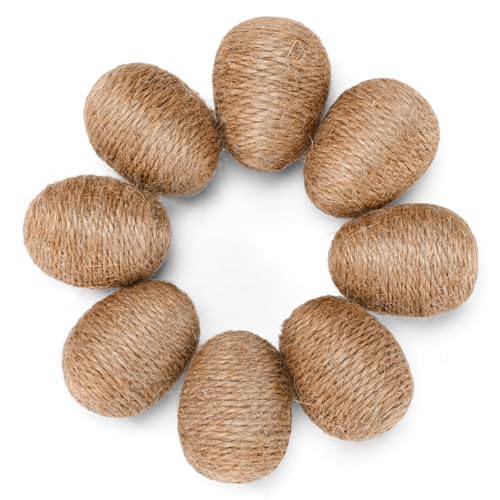 Halloscume 8pcs Linen Rope Easter Ornaments, Rustic Brown Decorative Eggs for Spring Easter Basket Fillers, Party Centerpieces Decorations Table Setting