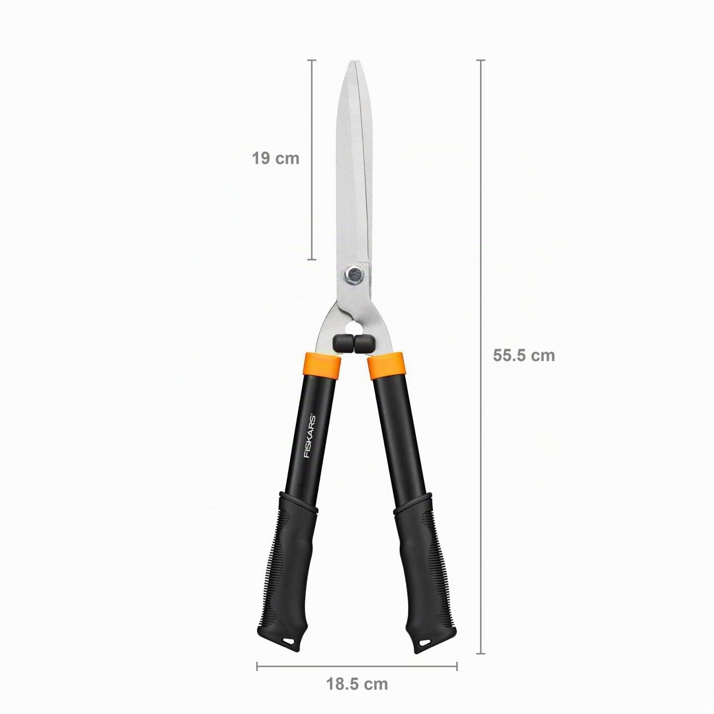 Fiskars Heckenschere HS21, Für Form- und Rückschnitt von Hecken und Büschen, Länge 59 cm, Gehärtete Stahl-Klingen/Soft-Touch Kunststoff-Griff, Schwarz/Orange, Solid, 1026827