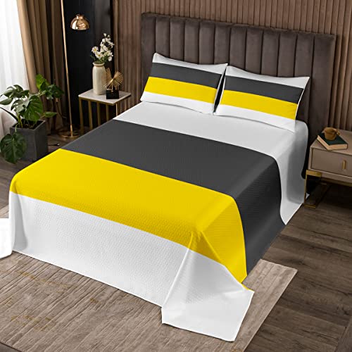 Geometric Patchwork Kids Bedspread Queen Size,Abstract Stripes Art Style Coverlet Set,Girls Boys Adults Room Decor,Yellow Black Grey Geometry Quilted Coverlet,Fashion Bedding Quilt,2 Pillowcases
