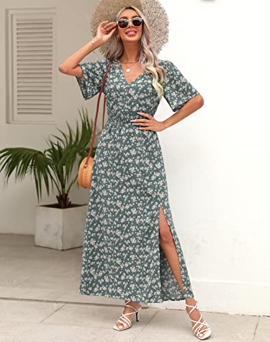 Kranda Summer Dresses For Women 2024 Fall Dress Spring Casual Long Beach Dress Deep V Neck Flutter Short Sleeve Front Slit Floral Maxi Dress High Waist Swing Flowy Boho Dress Dusty Sage Green Xl thumb #5
