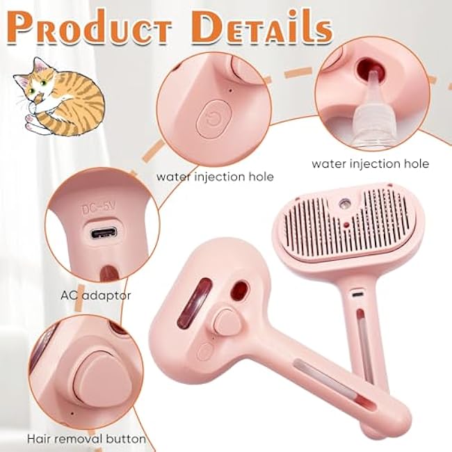 Cat Steam Brush with Release Button, Pet Spray Brushes for Shedding & Grooming, Mist Comb for Pet Long Short Haired, Steamy Brush for Cats Removing Loose Fur and Massage (Pink)-u8u8glJK
