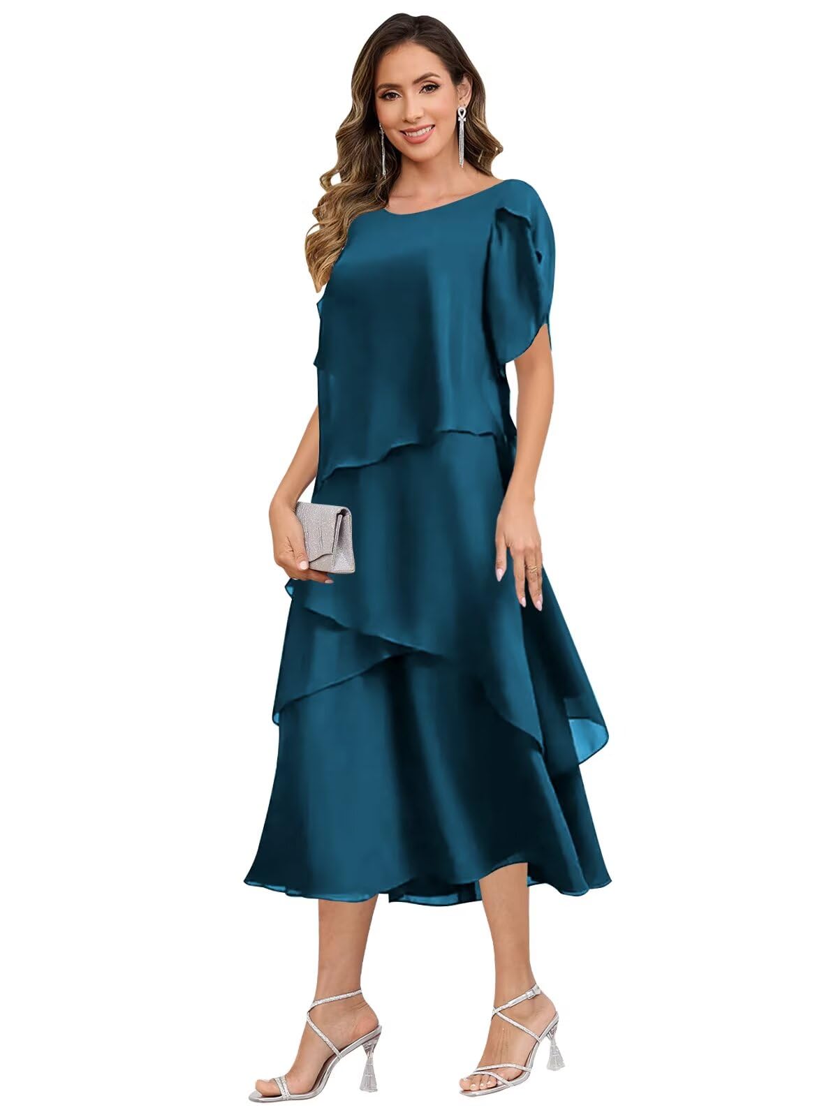KBWOV Ruffled Mother of The Bride Dresses with Short Sleeves Ruffled Chiffon Scoop Neck Wedding Guest Formal Gown