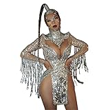 Sparkly Gold Sliver Fringe Mesh Transparent Sequin Dress Women Birthday Celebrate Bar Latin Ds Drag Queen Costumes Stage (Sliver)