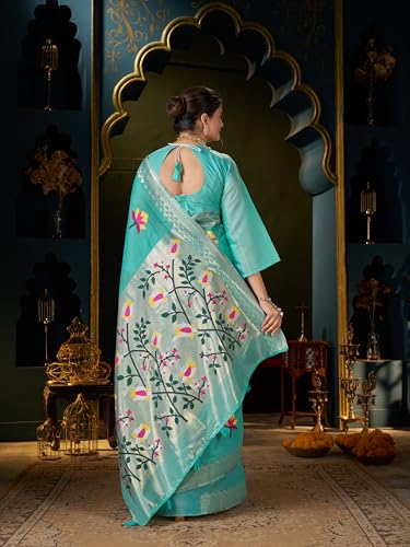 Image of MADHUHANSH Women's Cotton Linen Saree with Unstitched Blouse Piece and Floral Printed Pattern | Women Saree for Special Occasion | Stylish Modern Sarees