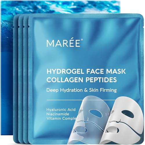 MAREE Hydrogel Collagen Facial Mask with Hyaluronic Acid Hydrating Face Masks Skincare Niacinamide Amino Acids & Red Algae Extract Facial Masks For Women Mascarillas Para La Cara 4 Count