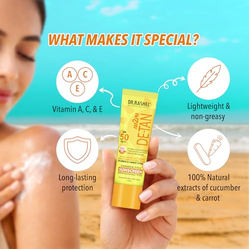 Image of DR.RASHEL DE-TAN SUNSCREEN SPF 50 PA+++ SKIN HYDRATING, PROVIDES LONG-LASTING PROTECTION WITH CUCUMBER & CARROT EXTRACT, Paraben free, All skin Type, 18ml