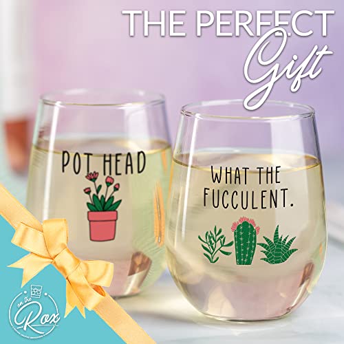 Succulent Plant Cactus Gifts For Women- Set Of 2 Funny Wine Glasses 15Oz - Plant Lover Gift Mug - What The Fucculent- Pot Head Crazy - Plant Lady Wine Glass Tumbler - Custom Stemless Wine Glasses #TOP4