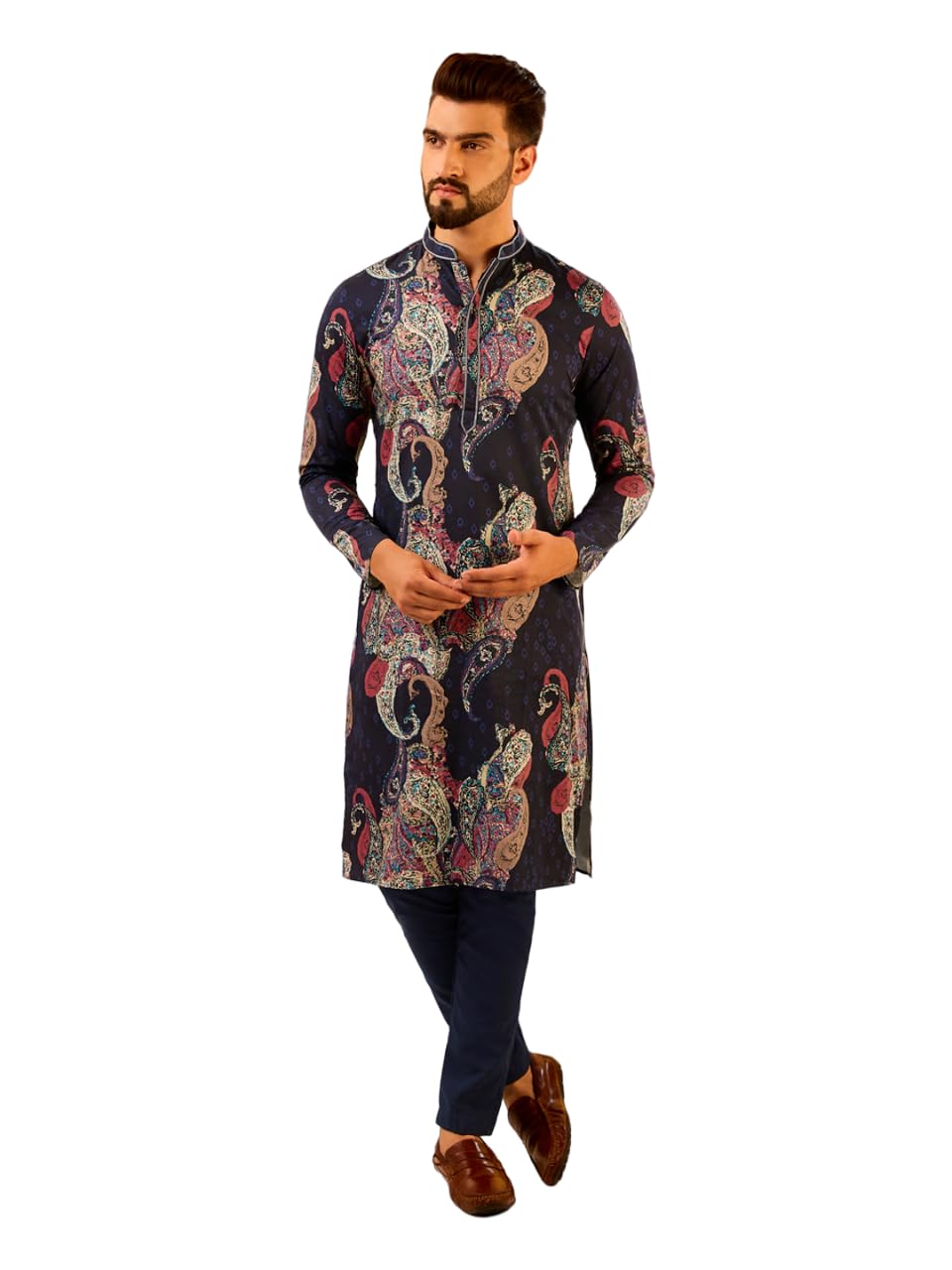Kisah Men's Navy Blue Kurta Trouser Set, Regular Fit Knee Length Full Sleeves (M)