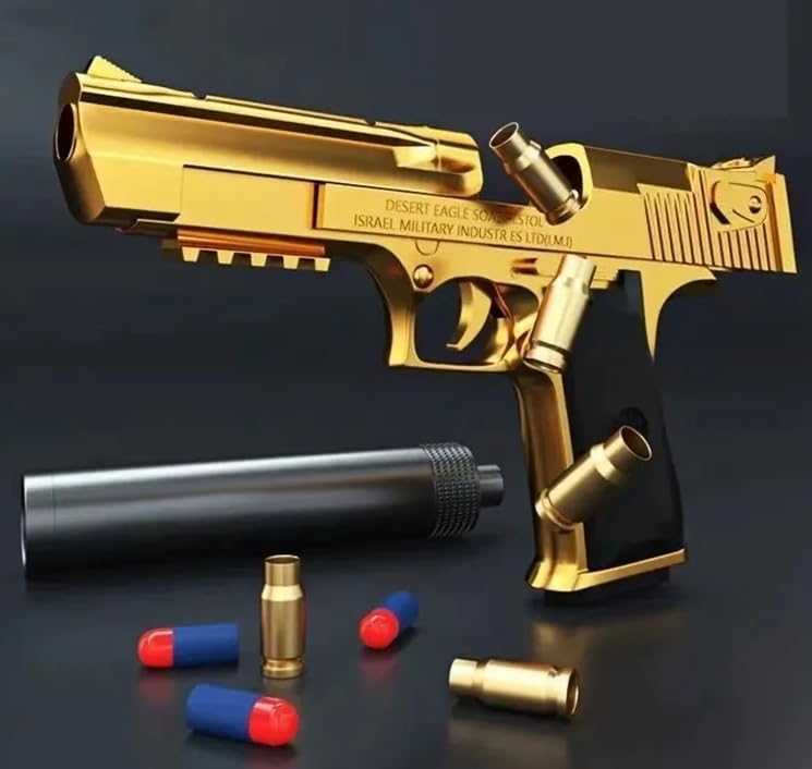 Toy gun with soft bullets, toy gun with ejectable magazine for safety training or play gift Desert Eagle Gold Glock Blue Pink (Gold Desert Eagle)